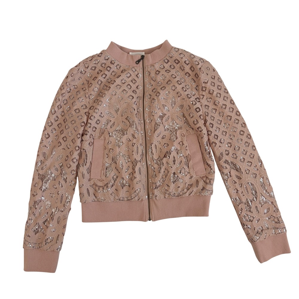 Flannel Pink Lace Sequin Bomber Jacket Womens Size 0 Dusty Rose Floral Zip Up